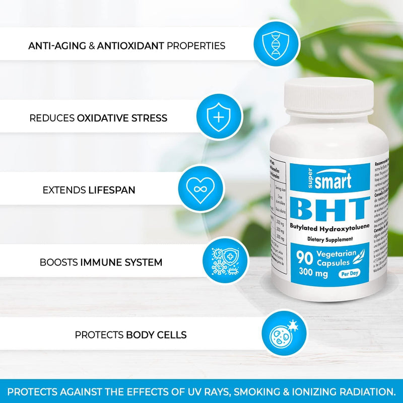 Supersmart - BHT 300 Mg - Butylated Hydroxytoluene - Powerful Antioxidant - Anti Aging Supplement | Non-GMO and Gluten Free - 90 Vegetarian Capsules