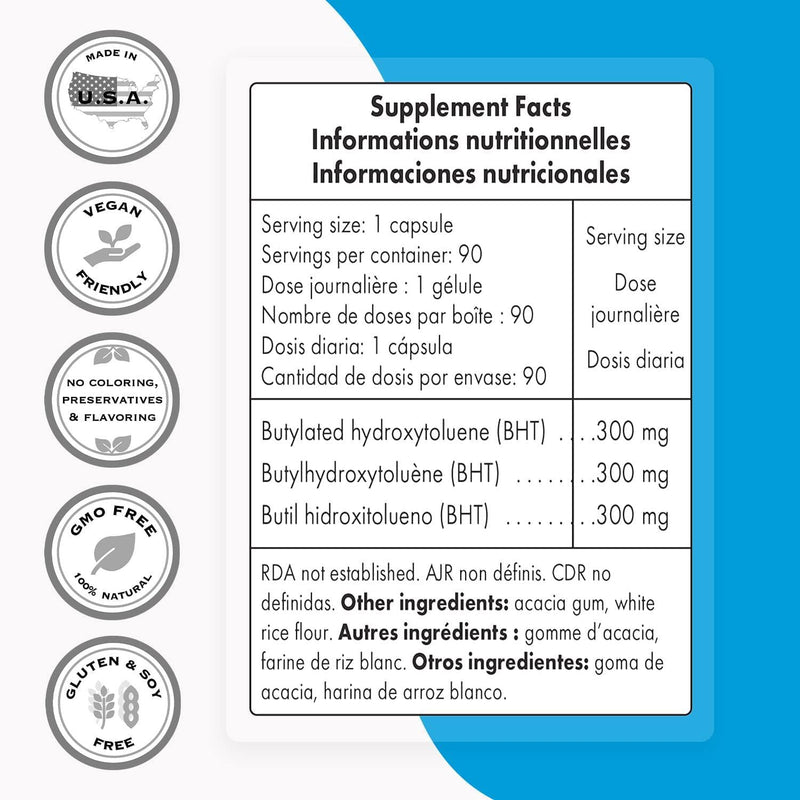 Supersmart - BHT 300 Mg - Butylated Hydroxytoluene - Powerful Antioxidant - Anti Aging Supplement | Non-GMO and Gluten Free - 90 Vegetarian Capsules
