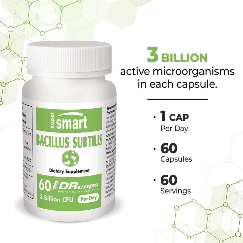 Supersmart - Bacillus Subtilis 3 Billion CFU - Probiotic Strain - Improve Natural Defences and Help with External Infection | Non-GMO and Gluten Free - 60 DR Capsules