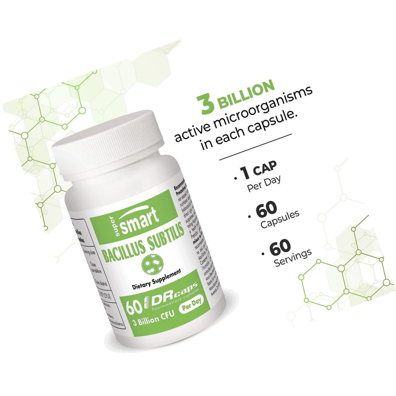 Supersmart - Bacillus Subtilis 3 Billion CFU - Probiotic Strain - Improve Natural Defences and Help with External Infection | Non-GMO and Gluten Free - 60 DR Capsules