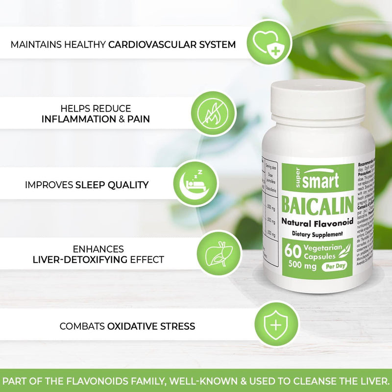 Supersmart - Baicalin 500 mg Per Serving - Scutellaria Baicalensis Extract - Natural Alternatives to Benzodiazepines - Combats Anxiety | Non-GMO and Gluten Free - 60 Vegetarian Capsules