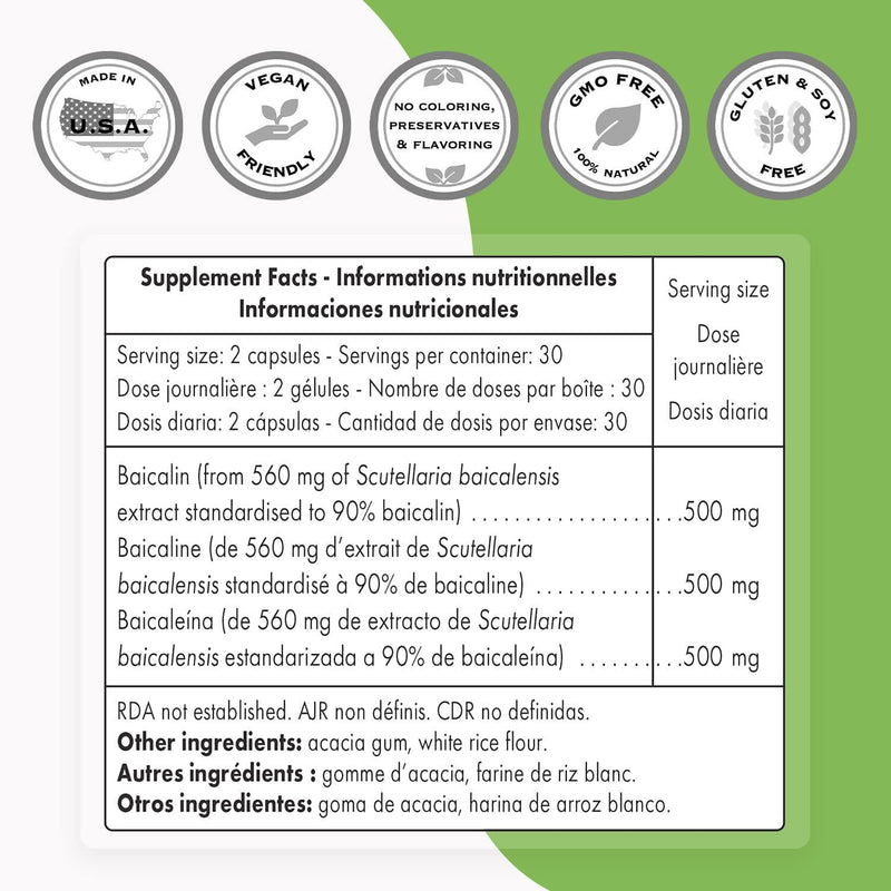 Supersmart - Baicalin 500 mg Per Serving - Scutellaria Baicalensis Extract - Natural Alternatives to Benzodiazepines - Combats Anxiety | Non-GMO and Gluten Free - 60 Vegetarian Capsules