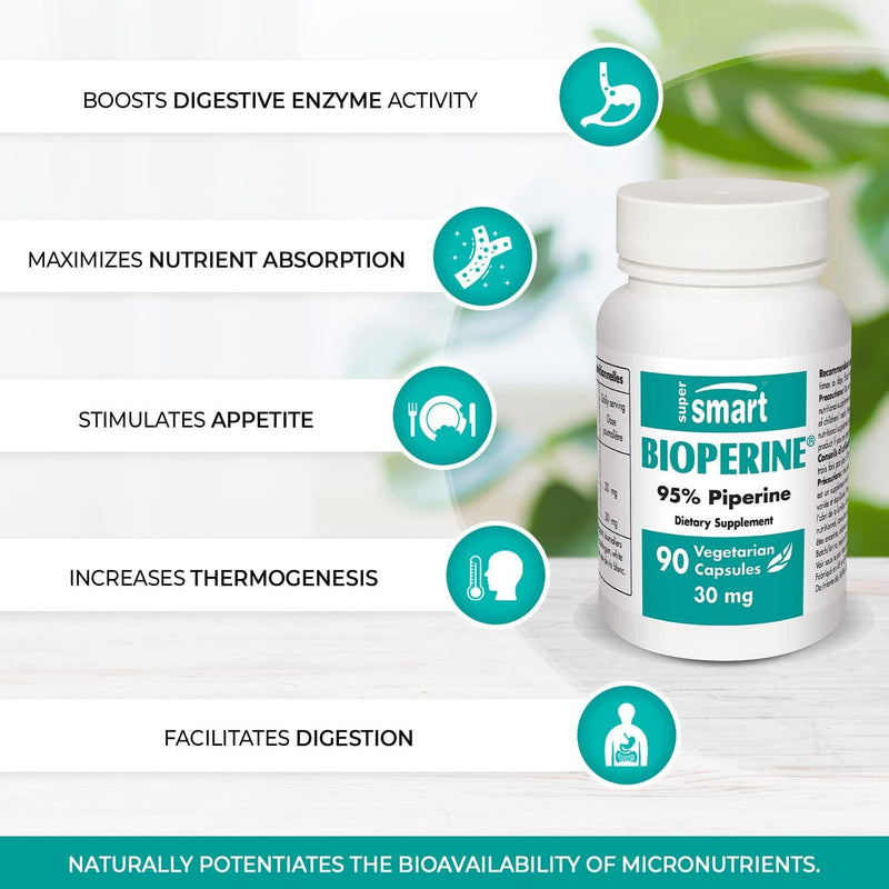 Supersmart - Bioperine 30 mg Per Day - Black Pepper Extract Standardized to 95% Natural Piperine - Help Increase Digestive Enzymes and Gut Flora | Non-GMO and Gluten Free - 90 Vegetarian Capsules