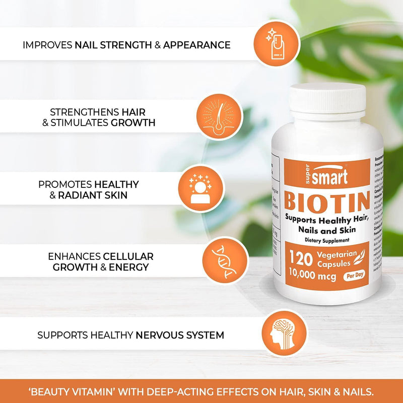 Supersmart - Biotin 10,000 mcg Per Day - Vitamin B7 Supplement - Nail and Hair Straightener - Skin Care - May be a Natural Acne Treatment | Non-GMO and Gluten Free - 120 Vegetarian Capsules