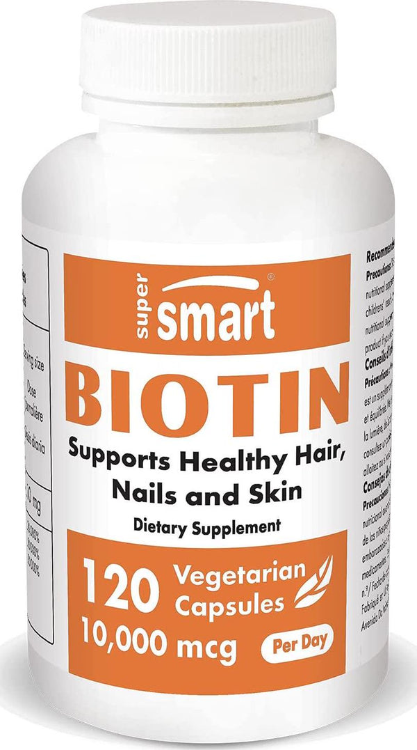 Supersmart - Biotin 10,000 mcg Per Day - Vitamin B7 Supplement - Nail and Hair Straightener - Skin Care - May be a Natural Acne Treatment | Non-GMO and Gluten Free - 120 Vegetarian Capsules