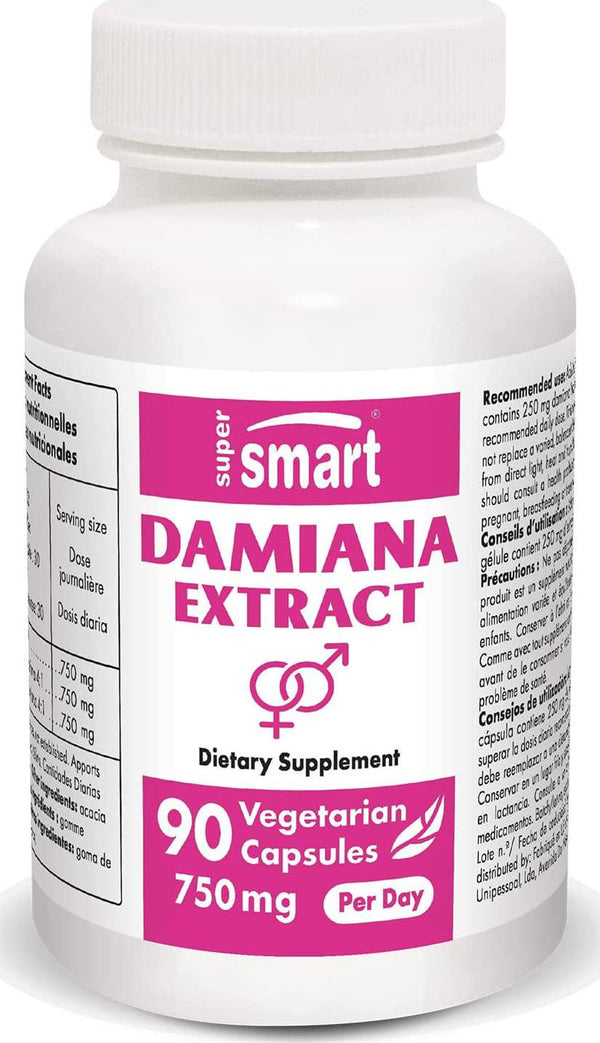 Supersmart - Damiana Extract 750 mg Per Day - Herbal Supplement - Tonic Herb - 100% Natural Aphrodisiac | Non-GMO and Gluten Free - 90 Vegetarian Capsules