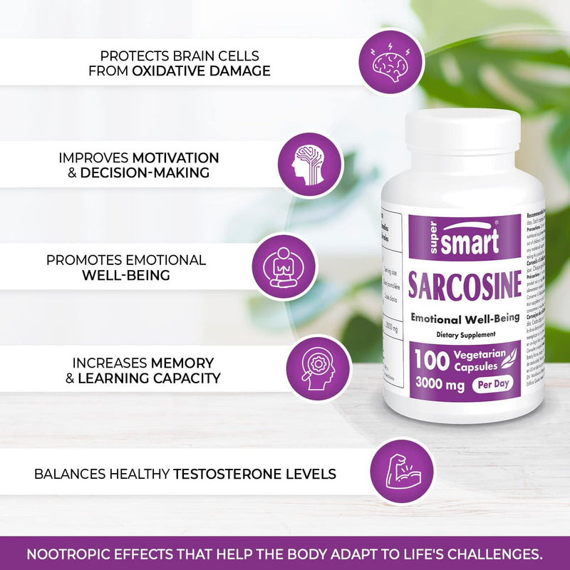 Supersmart - Sarcosine 500 mg - N-methylglycine Improves Mood Great Source of Brain Nutrition, Food | Non-GMO and No fillers - 100 Vegetarian Capsules