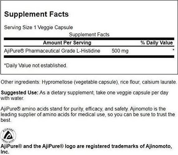 Swanson Amino Acid Ajipure L-Histidine Pharmaceutical Grade 500 Milligrams 60 Veg Capsules