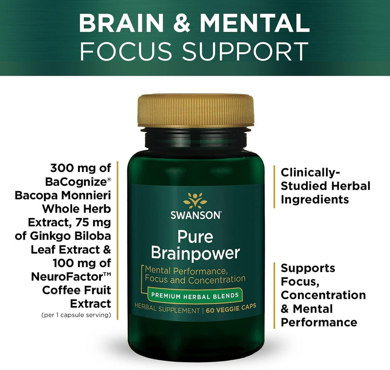 Swanson Pure Brainpower Brain Health Cognitive Memory Focus Support Brain-Derived Neurotrophic Factor (BDNF) Herbal Supplement (Ginkgo Biloba, Bacopa Monnieri) 60 Veggie Capsules (Veg Caps) Vegan