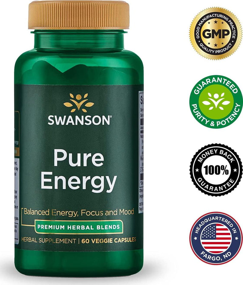 Swanson Pure Energy Metabolism Concentration Mental Focus Mood Support Stress Management Adaptogenic Herbs Herbal Supplement 60 Veggie Capsules (Veg Caps) Vegan