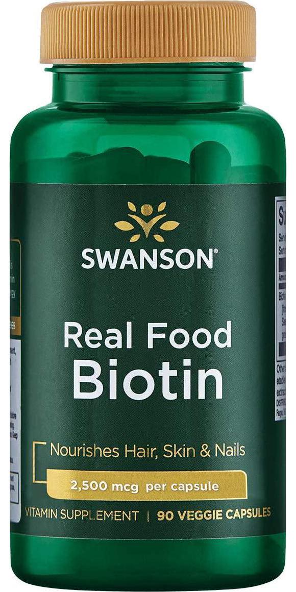Swanson Real Food Biotin Vitamin B-7 Hair Skin Nail Metabolism Health from Organic Hummingbird Tree Extract Vegan Gluten-Free Non-GMO B7 5000 mcg 90 Veggie Capsules (Caps)