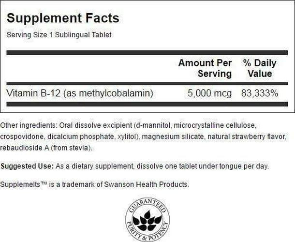 Swanson Supplemelts Sublingual Vitamin B-12 5 Milligrams 60 Tabs