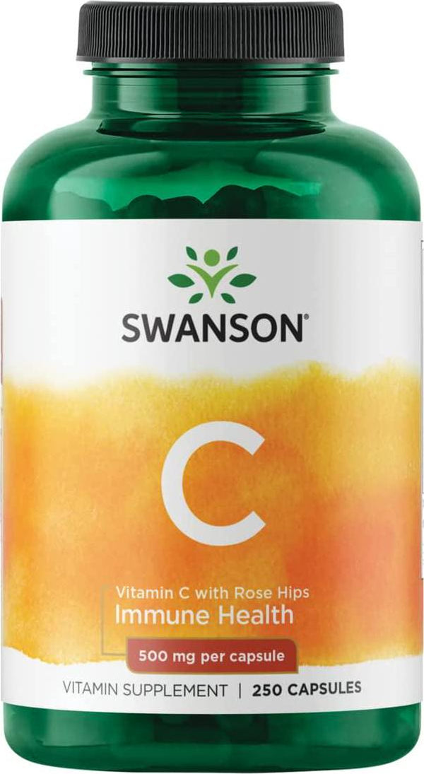 Swanson Vitamin C with Rose Hips Immune System Support Skin Cardiovascular Health Antioxidant Supplement 500 mg 250 Capsules (Caps)