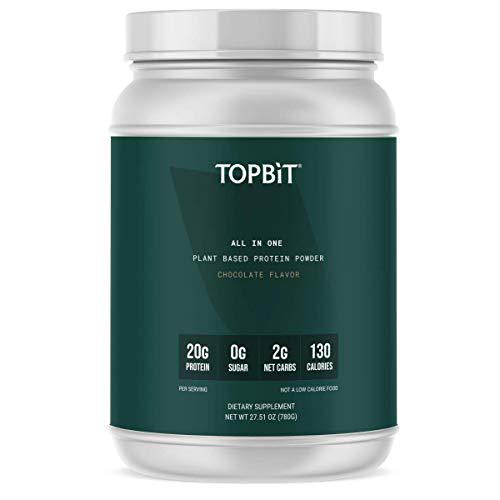 TOPBiT All-in-One Plant Protein Powder, Chocolate Flavor Vegan Protein Powder, Sugar Free, Stevia Free, Nut Free, Soy Free, 20g Protein, Probiotics, BCAA, Greens, 1.8LB