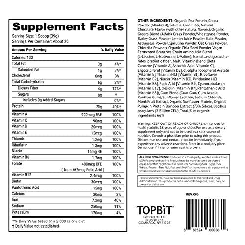 TOPBiT All-in-One Plant Protein Powder, Chocolate Flavor Vegan Protein Powder, Sugar Free, Stevia Free, Nut Free, Soy Free, 20g Protein, Probiotics, BCAA, Greens, 1.8LB