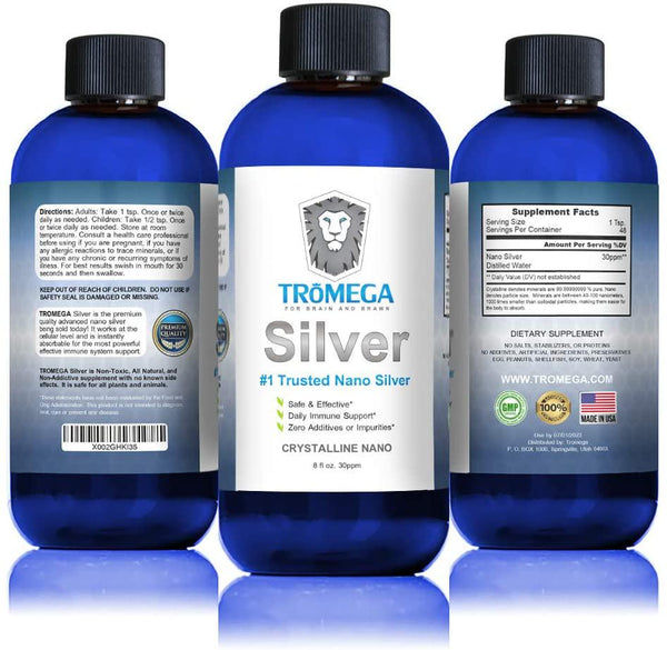 TROMEGA Colloidal Silver- Mineral Liquid Supplement - Daily Immune System Boost - Colloidal Nano Silver 30 PPM (8 Oz. Bottle)