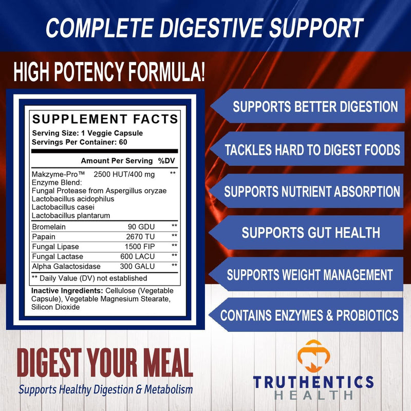 TRUTHENTICS Digestive Enzymes and Probiotics Supplement - Complete Digestion Aid - Supports Nutrient Absorption, Energy, Metabolism, Gas and Bloating Relief - for Men and Women - Shelf Stable - 60 Servings