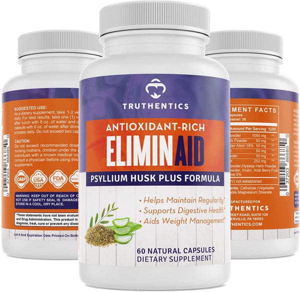 TRUTHENTICS ELIMINAID Colon Cleanse Supplement with Psyllium Husk for Constipation, Water Retention Relief - Supports Detox, Flushing Toxins, Healthy Bowel Movements - for Men and Women - 60 Capsules