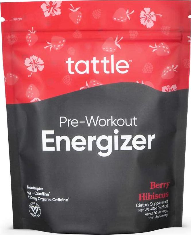 Tattle Natural Pre-Workout Powder - All Natural, Nootropics, Nitric Oxide and Organic Caffeine for Focus, Endurance and Energy, Natural Flavors, Monk Fruit Sweetened, No Stevia (Berry Hibiscus, 30 Serve)