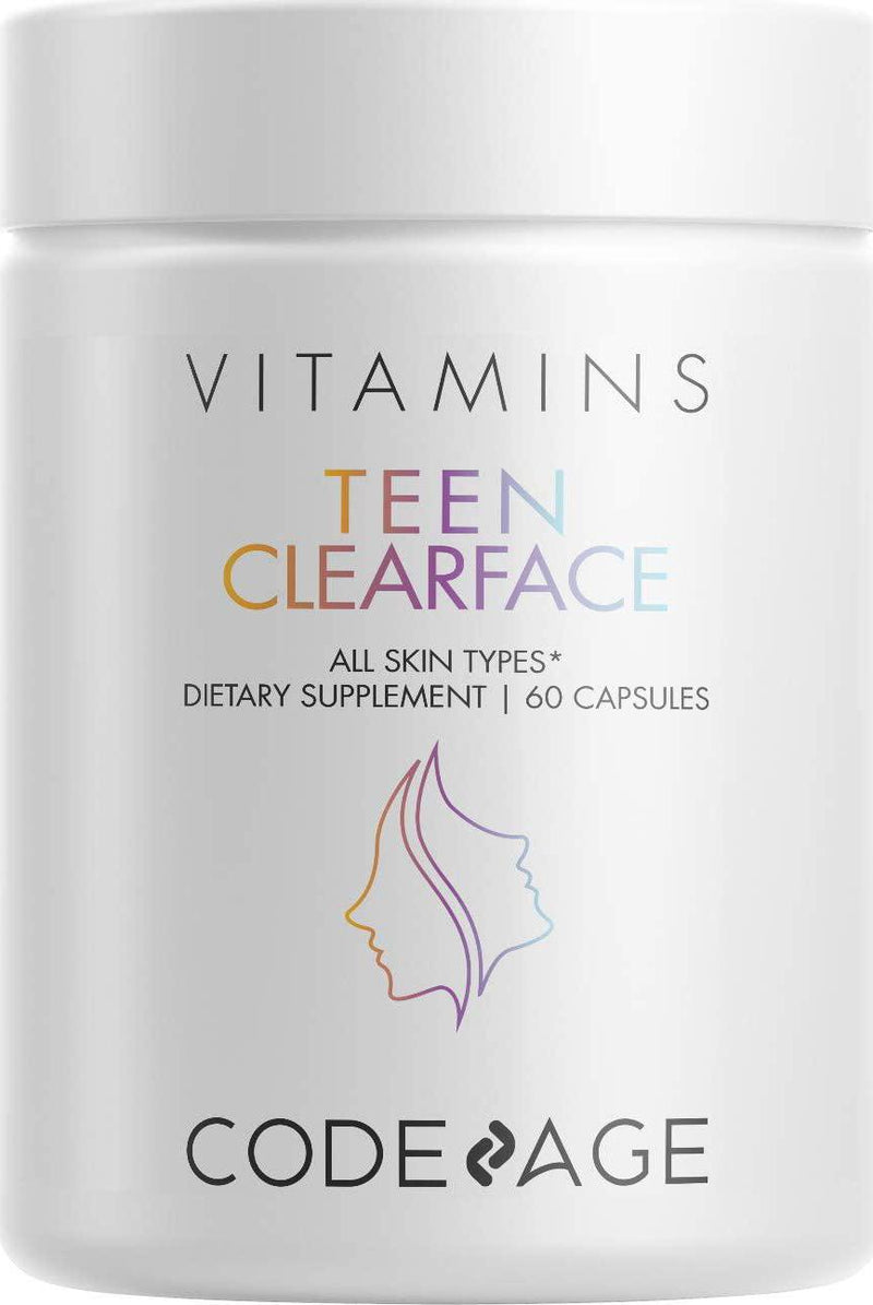 Teen Clearface Adolescent Face, Skin and Pimples, Vitamins A, C, D3, E, Pantothenic Acid, Niacin, Zinc Supplement for Teenagers, Probiotics, L-Lysine, Omega-3, Oily Skin, Pores, Spots - 60 Capsules