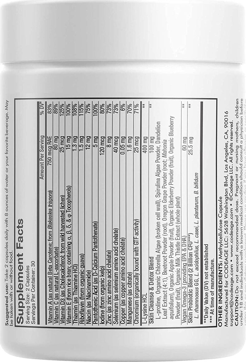 Teen Clearface Adolescent Face, Skin and Pimples, Vitamins A, C, D3, E, Pantothenic Acid, Niacin, Zinc Supplement for Teenagers, Probiotics, L-Lysine, Omega-3, Oily Skin, Pores, Spots - 60 Capsules