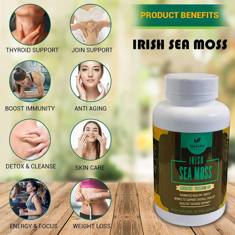 Telexry Organics Irish Sea Moss Capsules 750mg, Joint and Thyroid Support Supplement, for Immune Support and Digestion, Vegan Friendly Formula, 60 Veggie Caps