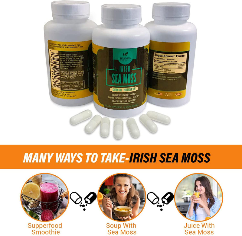 Telexry Organics Irish Sea Moss Capsules 750mg, Joint and Thyroid Support Supplement, for Immune Support and Digestion, Vegan Friendly Formula, 60 Veggie Caps
