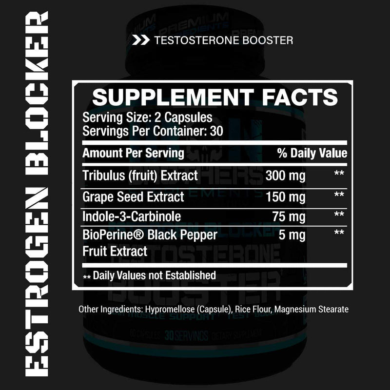 Testosterone Booster for Men with Estrogen Blocker - Anti-Estrogen Dietary Supplements - Indole - 3- Carbibole, Grape Seed Extract and Tribulus Terrestris Pack of 60 Capsules Muscle Growth Boost