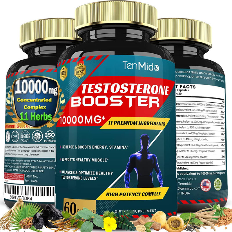 Testosterone Booster Extract Capsules 10000mg | 11 Premium Ingredients | Maximum Strength, Build Lean Muscle Supports | Improved Performance, Energy Booster Supplements, 60 Capsules