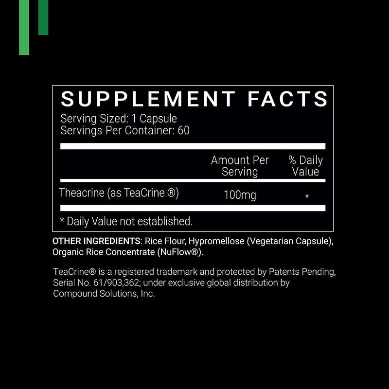 Theacrine 100mg as Teacrine - 60 Count (V-Capsules) / 60 Servings: Manufactured in a cGMP-Registered Facility in USA; Vegan and Gluten Free