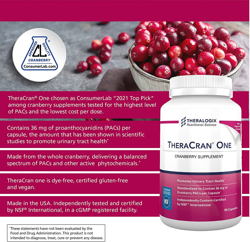 TheraCran One Cranberry Supplement | 36mg PACs Per Capsule | Cranberry Extract, Supports Urinary Tract Health | 90 Day Supply