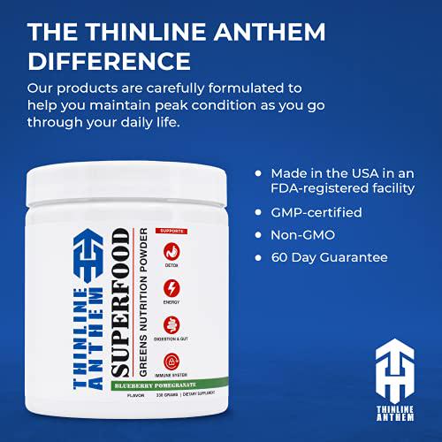 Thinline Anthem Superfood Greens Nutrition Powder (30 Servings) - Blueberry and Pomegranate Flavor Supplement - for Detox, Energy Boost, Immune Health and Better Digestion - Natural Dietary Supplement