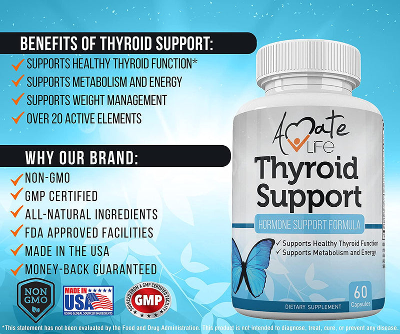 Thyroid Support Supplement with Iodine and Vitamin B12 for Energy Focus and Metabolism Booster Formula for Women and Men Improves Metabolic Functions Better Focus 60 Capsules Non-GMO by Amate Life