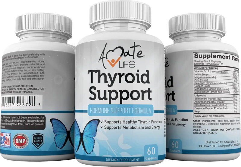 Thyroid Support Supplement with Iodine and Vitamin B12 for Energy Focus and Metabolism Booster Formula for Women and Men Improves Metabolic Functions Better Focus 60 Capsules Non-GMO by Amate Life