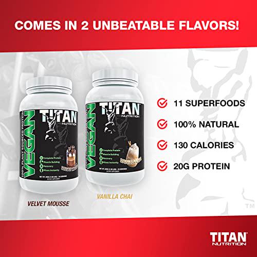 Titan Vegan Protein Powder (2 lbs) - 100% Plant-Based with 9 Essential Amino Acids + Antioxidant-Rich Superfoods - Clean, Non-Dairy High-Fiber Shake - Build Lean Muscle and Burn Fat - Velvet Mousse