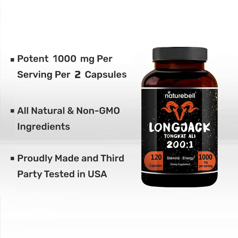 Tongkat Ali 200:1 as Long Jack Extract (Eurycoma Longifolia), 1000mg Per Serving, 120 Capsules, Supports Energy, Stamina and Immune System for Men and Women, Indonesia Origin, Non-GMO