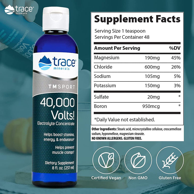 Trace Minerals 40,000 Volts! (8oz) 3 Pack | Liquid Electrolyte Concentrate Drops | Relief of Dehydration, Leg and Muscle Cramps | Energy and Endurance Support with Magnesium, Potassium, Sulfate, Boron