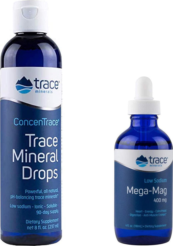 Trace Minerals Research - Concentrace Trace Mineral Drops, 8 fl oz liquid and Trace Minerals Mega-Mag- Ionic Magnesium Drops 4 oz - Liquid - Bundle Pack Exclusive