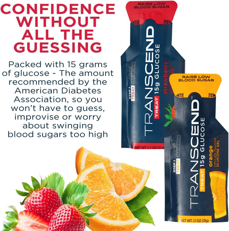 Transcend Glucose Gel Packs - Strawberry and Orange Flavors - 50 Pack (1.1oz Each) - FSA/HSA Eligible - Blood Sugar Support Glucose Gel Packs for Diabetics - Fast Acting, Precise 15g Dose, Made in USA