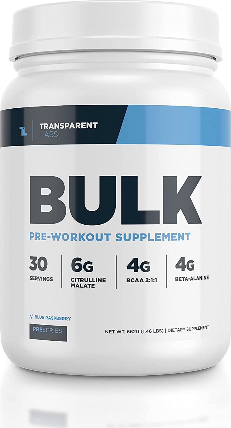 Transparent Labs Bulk Pre Workout, Contains Anhydrous Caffeine, L-Citrulline, and Theobromine, Gluten-Free, Non-GMO, No Sweeteners, for Muscle Growth, Muscular Endurance and Stamina, Orange - 30 Servings