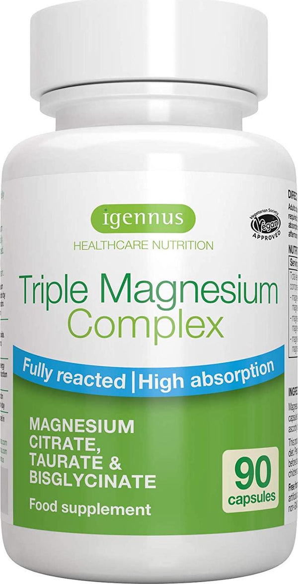 Triple Magnesium Complex, High Absorption Chelated Glycinate, Taurate and Citrate for Stress, Sleep, Migraine, Vegan, Fully Reacted, Pure and Oxide-free, 30 Servings, By Igennus