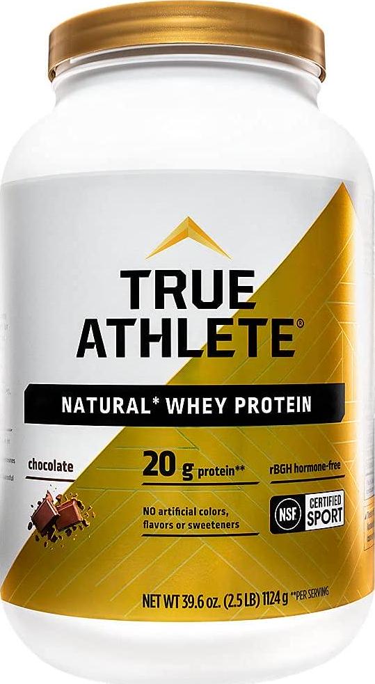 True Athlete Natural Whey Protein Chocolate, 20g of Protein per Serving Probiotics for Digestive Health, Hormone Free NSF Certified for Sport (2.5 Pound Powder)