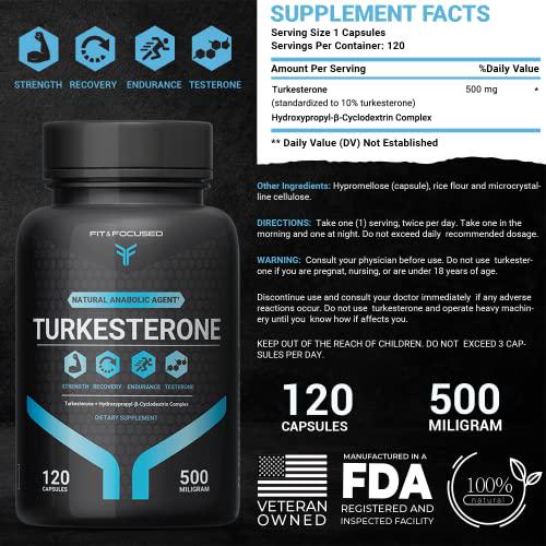 Turkesterone Supplement 500mg, 120 Capsules (95% Ajuga Turkestanica Extract Std. to 10% Complexed with Hydroxypropyl B Cyclodextrin) Similar to Beta Ecdysterone Testosterone booster by Fit and Focused