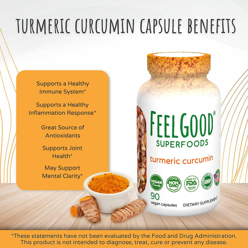 Turmeric Curcumin 1000mg | 90 Capsules | Fortified with Organic Curcuminoids and Organic Black Pepper Extract | Lab Tested for Purity | Anti-inflammatory Supplement | by Feelgood Superfoods