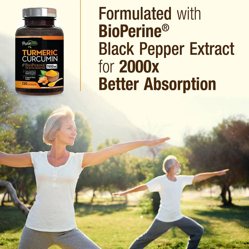 Turmeric Curcumin 95% Highest Potency Curcuminoids 1950mg with Bioperine Black Pepper for Best Absorption, Made in USA, Best Vegan Joint Pain Relief, Turmeric Pills by PureTea - 120 Capsules