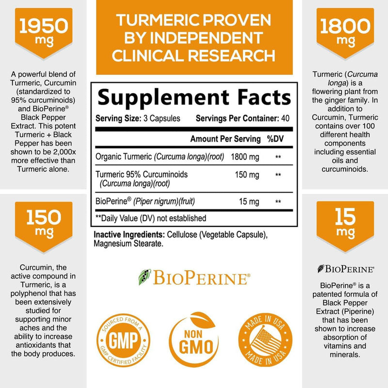 Turmeric Curcumin 95% Highest Potency Curcuminoids 1950mg with Bioperine Black Pepper for Best Absorption, Made in USA, Best Vegan Joint Pain Relief, Turmeric Pills by PureTea - 120 Capsules