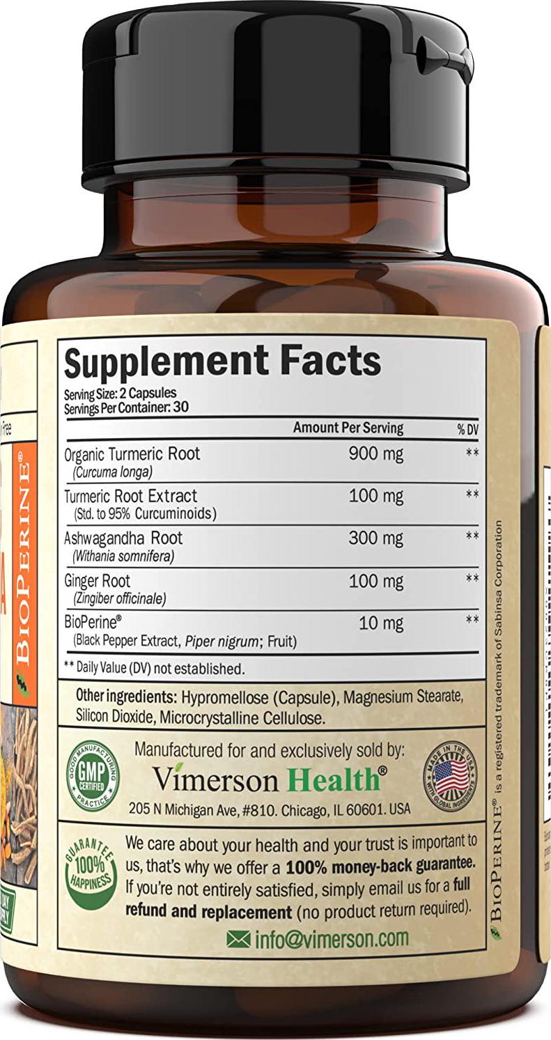 Turmeric Curcumin Ashwagandha, Ginger, Bioperine. Occasional Joint Pain Relief Supplement. Antioxidant Properties for Healthy Blood Sugar Levels, Thyroid and Adrenal Support, Balanced Cortisol Levels.