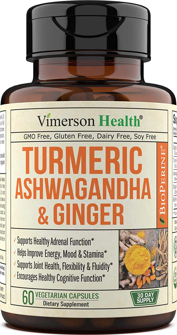 Turmeric Curcumin Ashwagandha, Ginger, Bioperine. Occasional Joint Pain Relief Supplement. Antioxidant Properties for Healthy Blood Sugar Levels, Thyroid and Adrenal Support, Balanced Cortisol Levels.