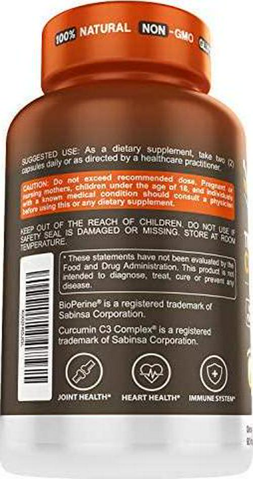 Turmeric Curcumin C3 Complex Supplement with Ginger Root, Boswellia and Bioperine (Black Pepper) for Enhanced Absorption 60 Vegetarian Capsules Non-GMO for Men and Women