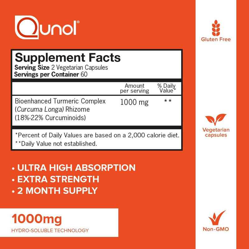 Turmeric Curcumin Capsules, Qunol with Ultra High Absorption 1000mg, Joint Support, Dietary Supplement, Extra Strength, 2 Packs of 60 Count Capsules